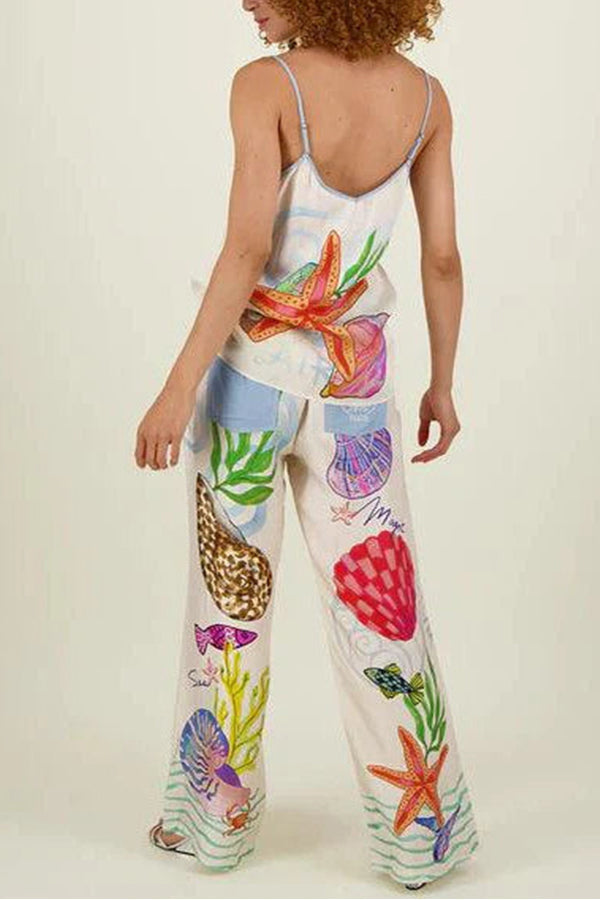 Dream Ocean Satin Unique Print Back Elastic Waist Pocketed Wide Leg Pants
