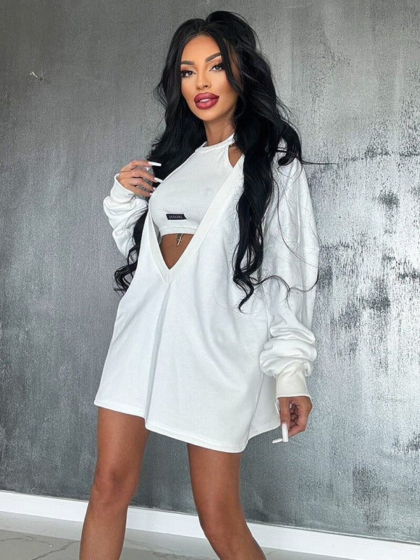 Loose Color Round-neck Mini Dresses & Vest Top Two Pieces Set
