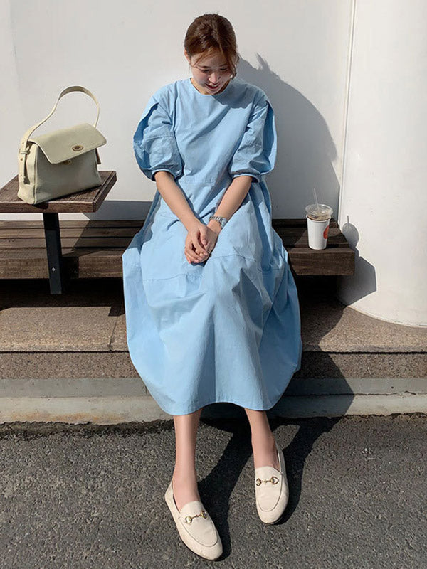 Round-neck Bishop Sleeve Loose Color Midi Dress
