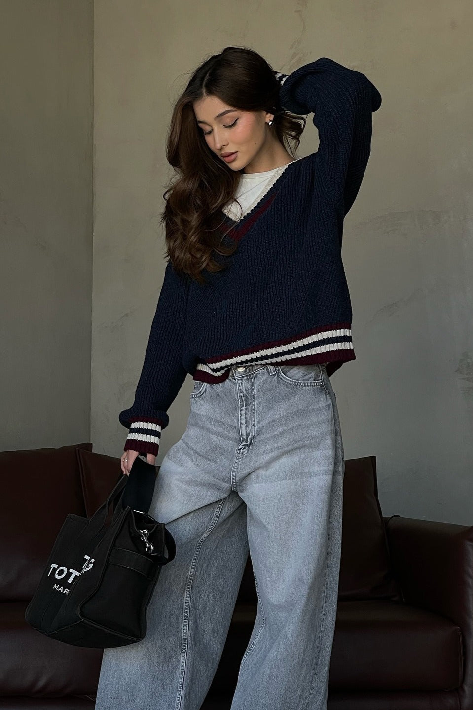 Striped Color Block V-neck Loose Knit Sweater