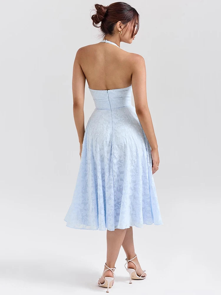 Deep V Neck Halter Madi Dress Sleeveless Backless A-line Loose Pleated Evening Long Dress