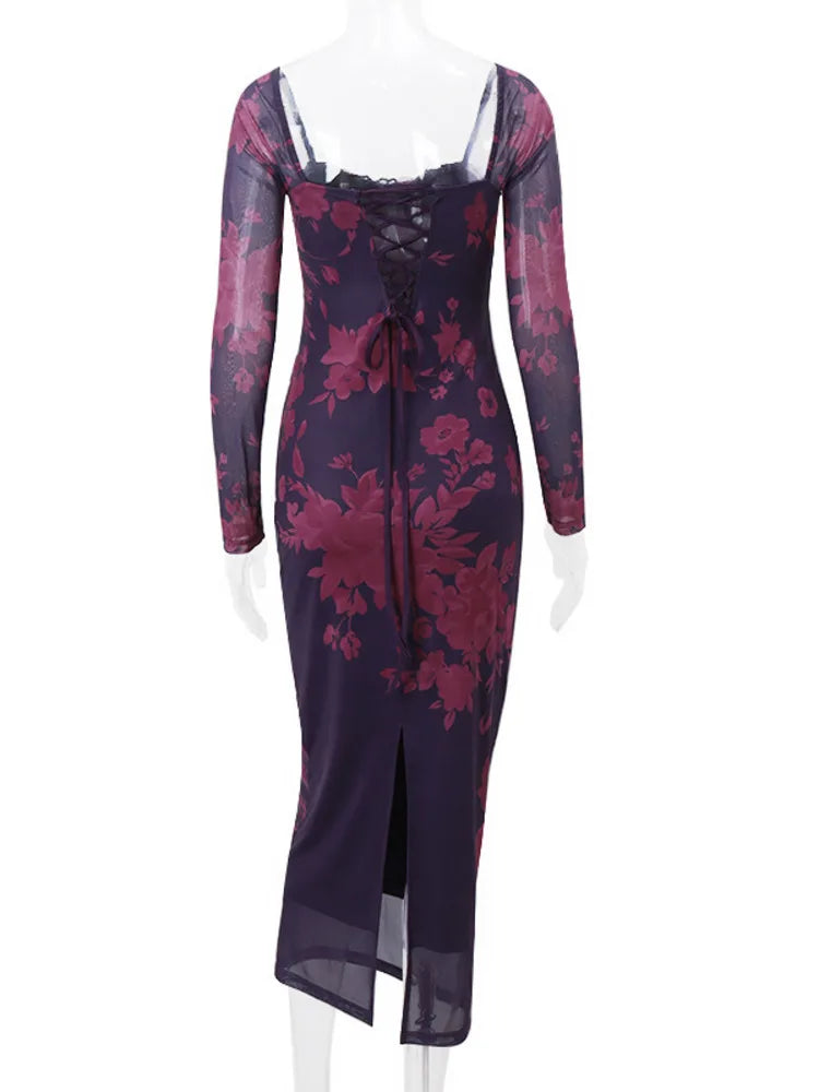 Backless Print Maxi Dress for Autumn Winter New Square Collar Long Sleeve Bodycon Club Party Dress