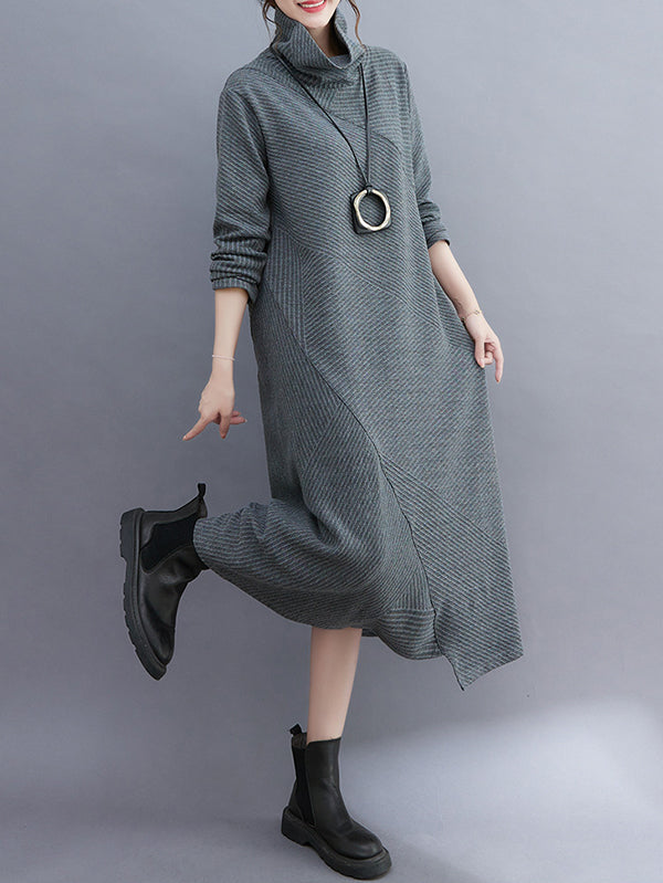 Irregularity Long Sleeves Color High-neck Midi Dresses