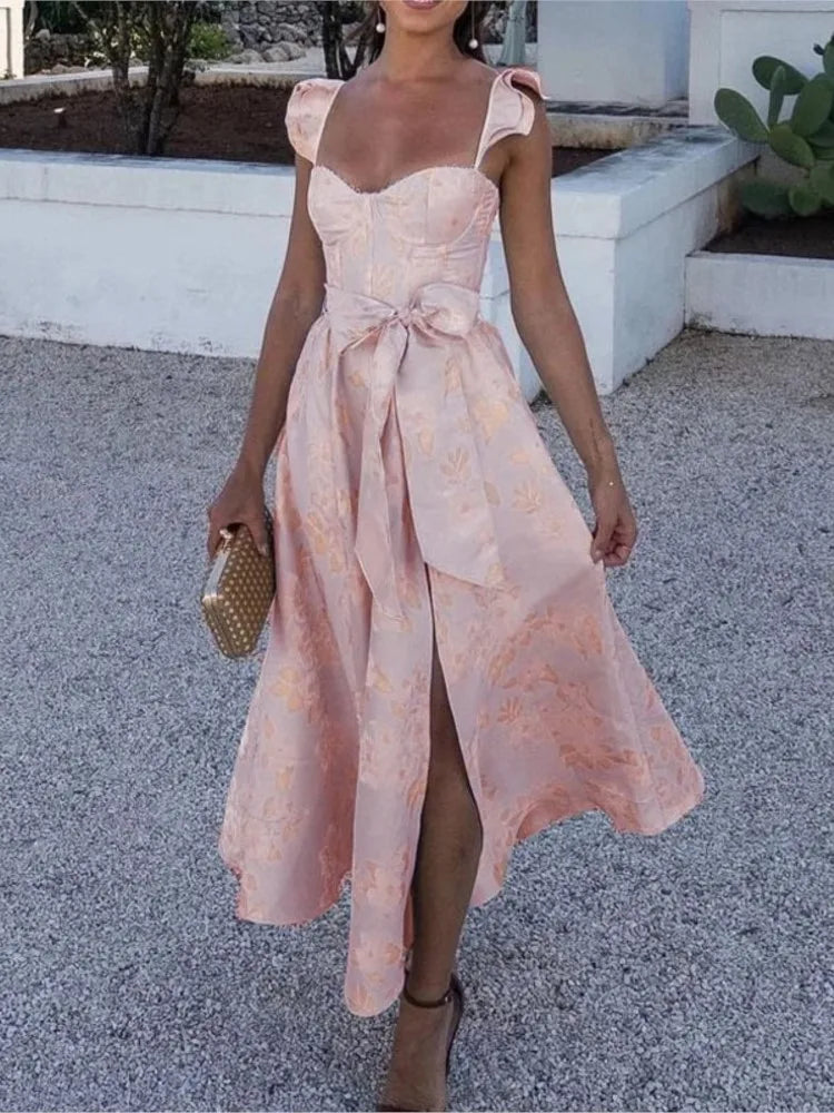 Flowers Print Sleeveless Long Dresses Low Cut Backless Bowknot Leace-up Slit Dress Temperament Lady Vestidos New