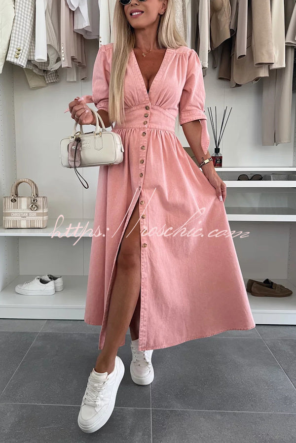 Color V-neck Button-down Denim Midi Dress