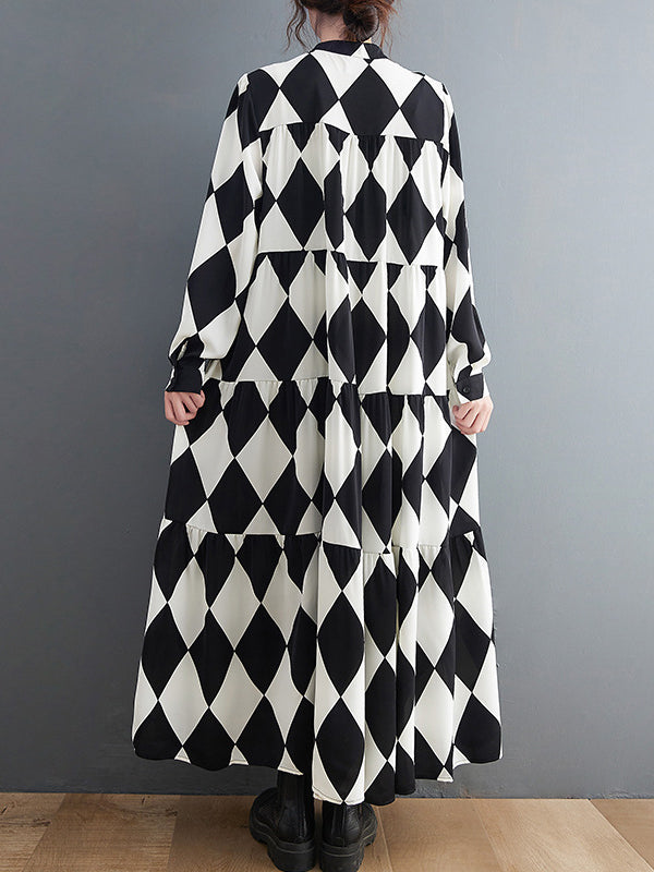 A-line Long Sleeves Buttoned Plaid Polo Midi Dresses