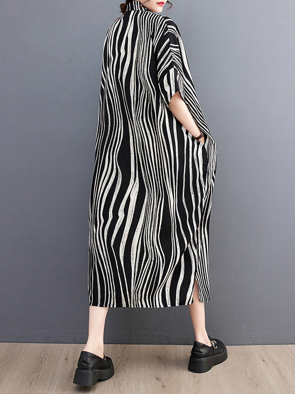 Raglan Sleeve Oversize Zebra-stripe Split-joint Lapel Midi Dresses Shirt Dress
