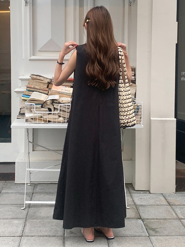 Loose Sleeveless Color V-neck Midi Dresses