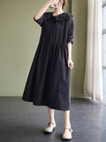 Original Loose Color Buttoned Pleated Midi Dress