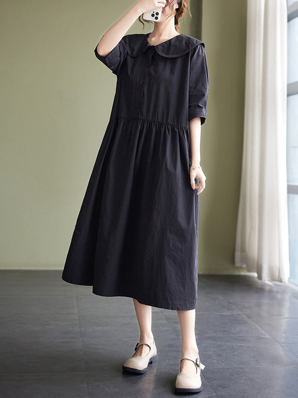 Original Loose Color Buttoned Pleated Midi Dress