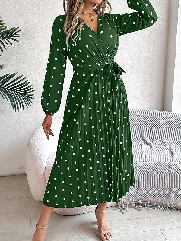 A-line High Waisted Elasticity Pleated Polka-dot Split-joint Tied Waist V-neck Midi Dresses Shirt Dress