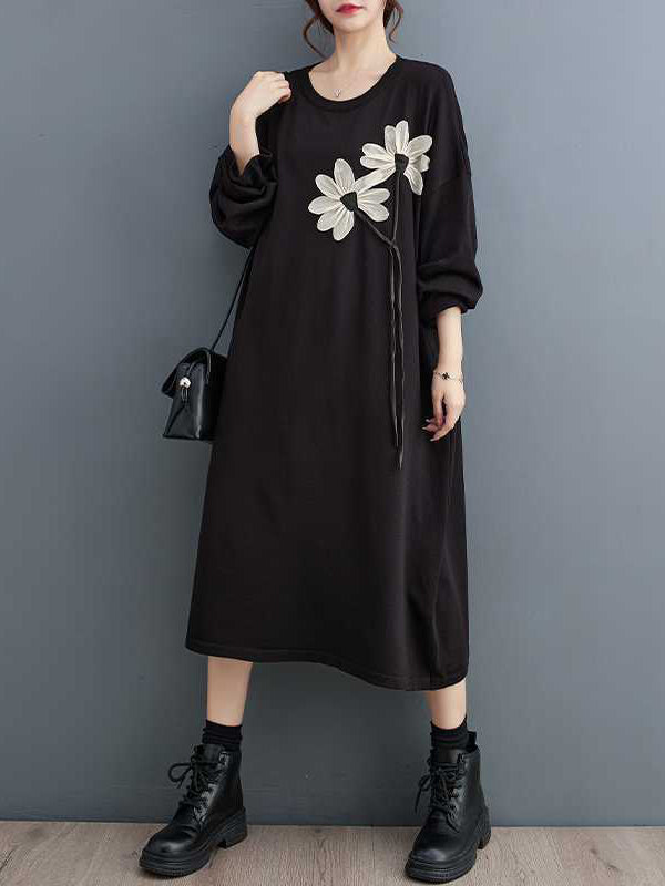 A-line Long Sleeves Flower Print Keep Warm Round-neck Midi Dresses