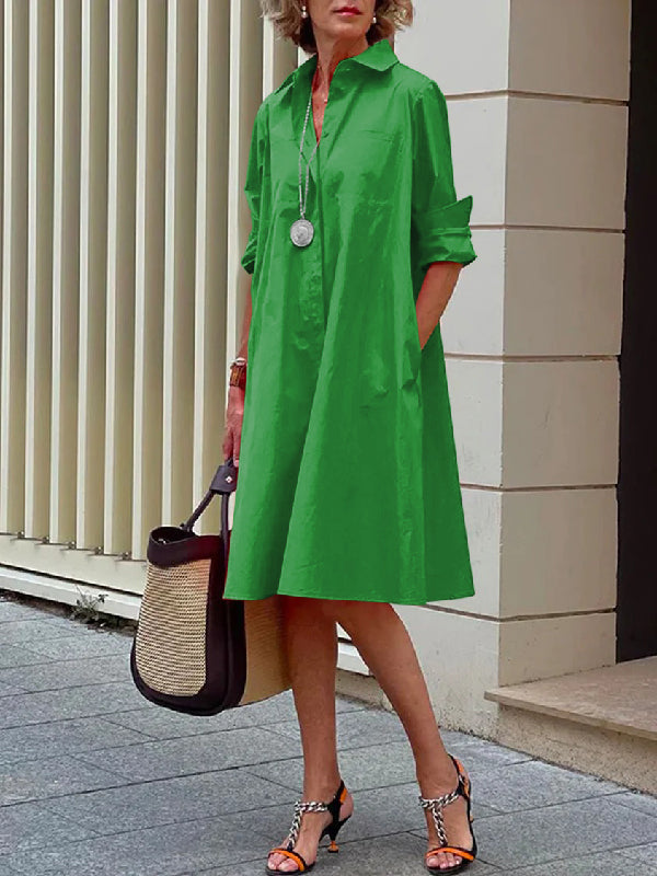 Simple Long Sleeves Color Lapel Midi Dress