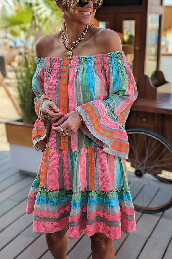 Friendly Shores Linen Blend Print Off Shoulder Loose Mini Dress