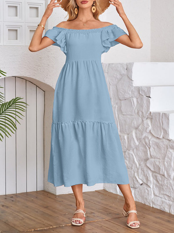 A-line Loose Elasticity Pleated Ruffled Color Split-joint Off-the-shoulder Midi Dresses