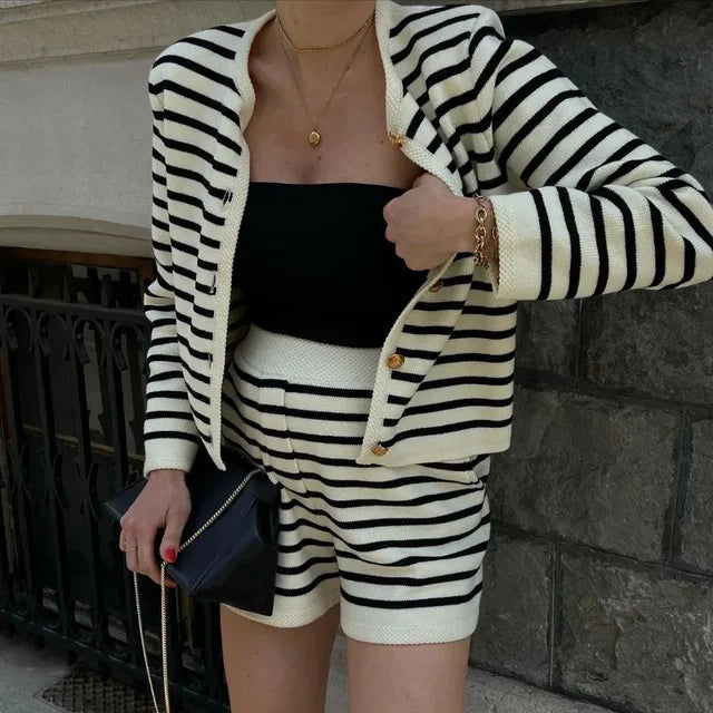 Knitted Shorts 2 Piece Sets Outfits Loose Cardigan Sweater Woman Winter Street High Waist Short Suits