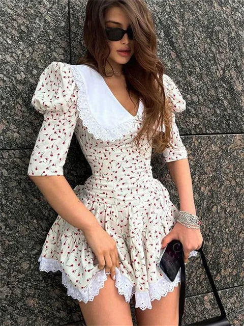Summer Printed Patchwork Mini Dress Female V-neck Short Sleeve Slim Party Dress Gown for Dress