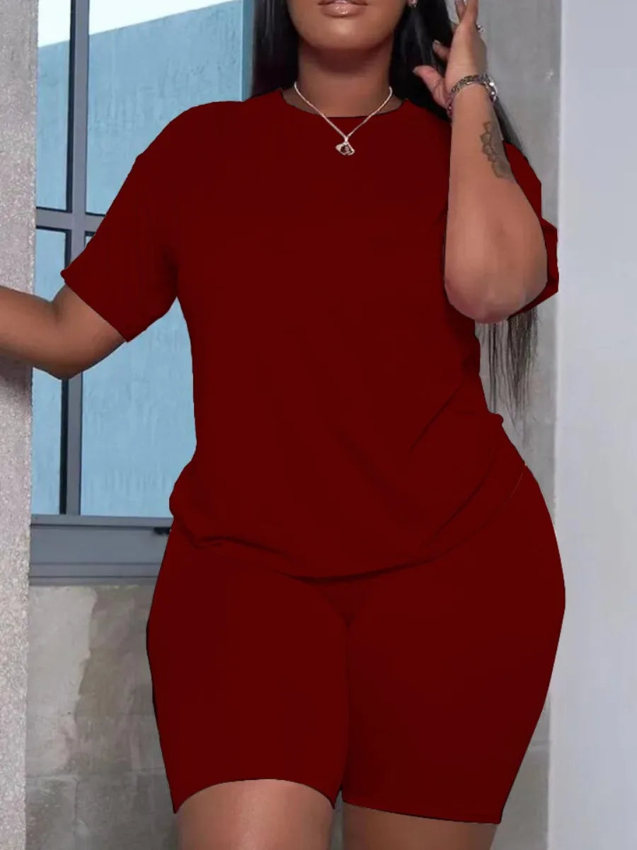 Basic Summer ��s Suit Short Sleeve Top and Pants Color Sportswear Slim Two-piece Outfit