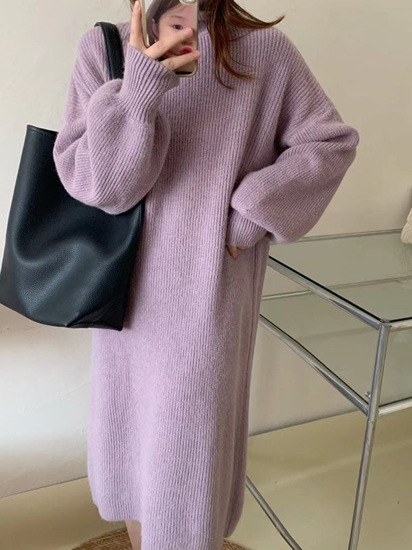 Long Sleeves Loose Color High Neck Midi Dresses Sweater Dresses