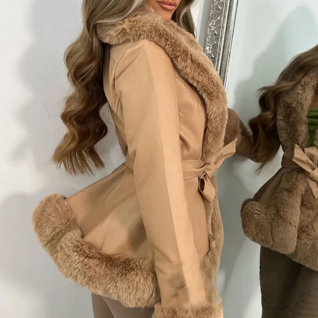 Pu Splice Fur Collar Wrap Coat for Lace Up Slim Long Sleeve Coat Woman Winter Street Jacket ’s Clothes