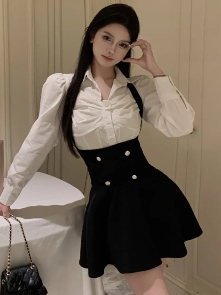 Y2k 3 Piece Set Cropped Coat + Long Sleeve Shirt + High Waist Halter Ruffles Mini Dress Korean Outfits