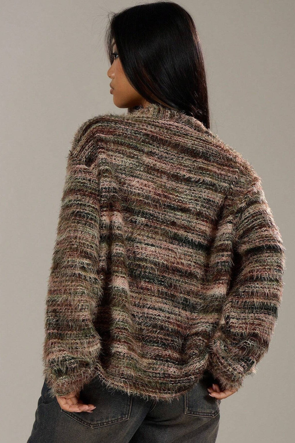 New Retro Deep V-neck Maillard Plush Long-sleeve Knit Cardigan