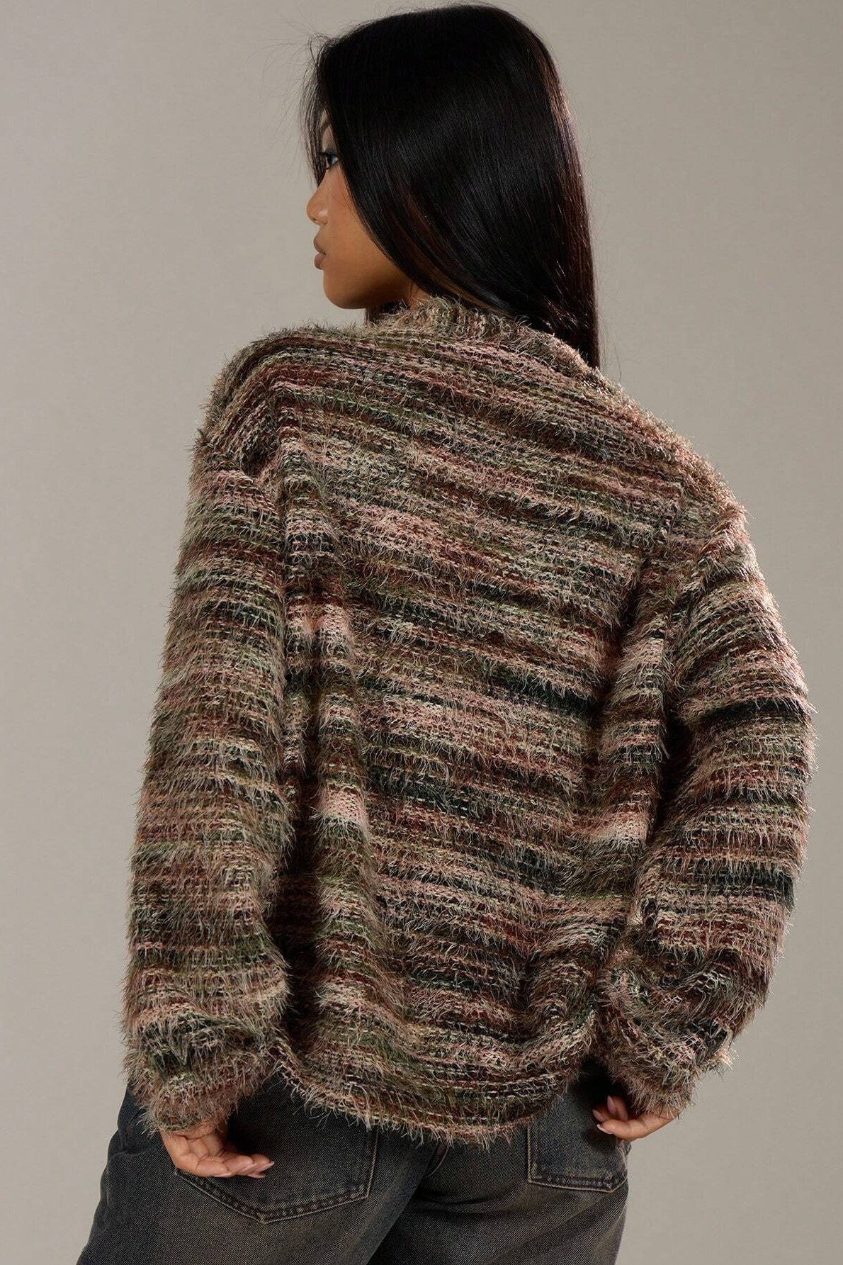 New Retro Deep V-neck Maillard Plush Long-sleeve Knit Cardigan