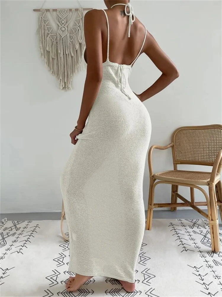 Bandage Backless Halter Dress – Lace-up V-neck Patchwork Long Dress for – See-through Party Dress