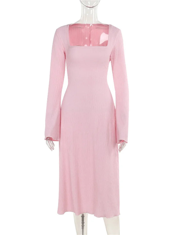 Bandage for Maxi Dress Slim Long Sleeve Square Collar Patchwork Autumn Dress Female Lace-up Dress