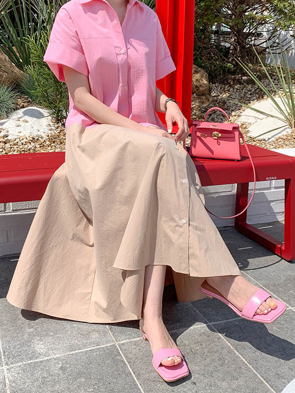 Split-joint Lapel Buttoned Short Sleeves Midi Dress