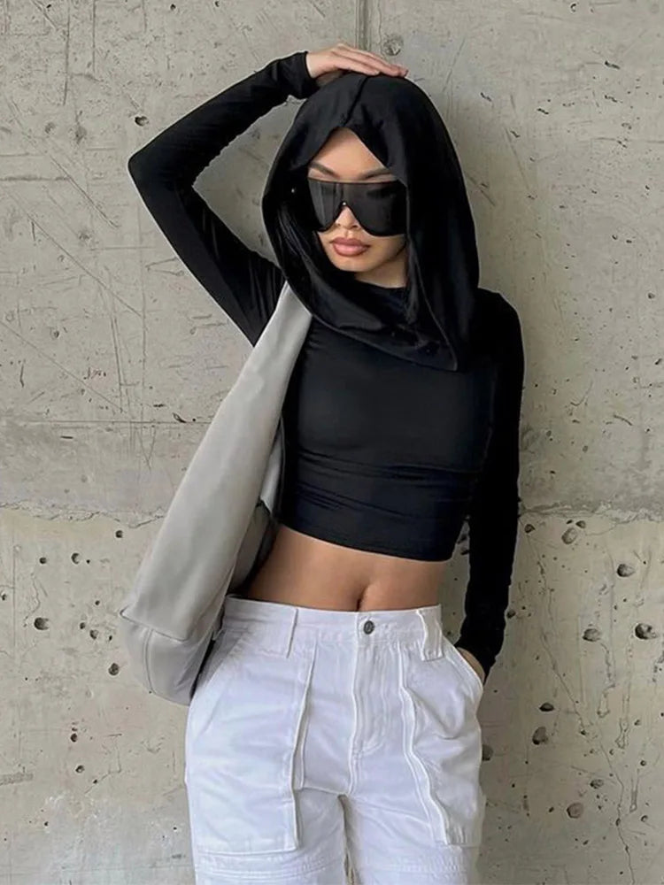 ’s Hooded Crop Tops Autumn Color Long Sleeve Cowl Neck Slim Fit Short T-shirt Sporty Basics Tees