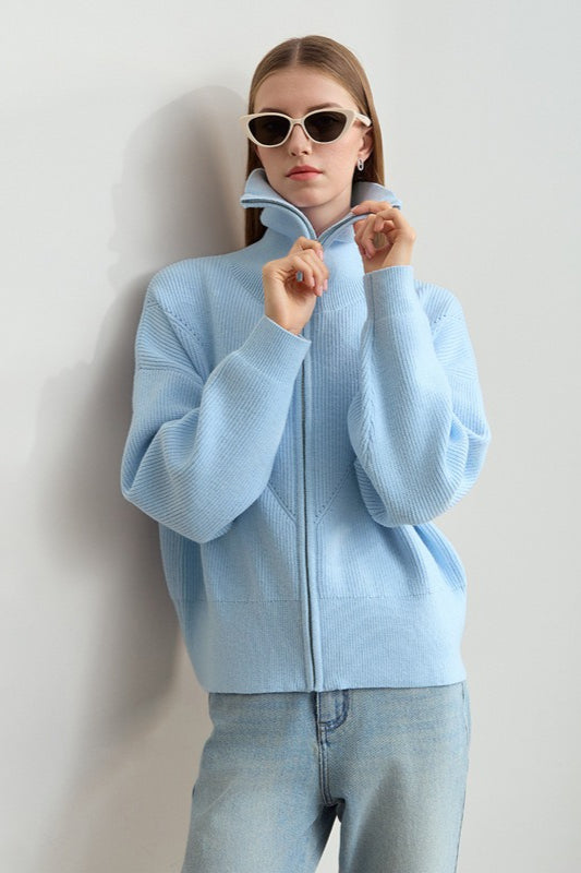 Naval-collar Zip Lazy-style Thick Knit Cardigan