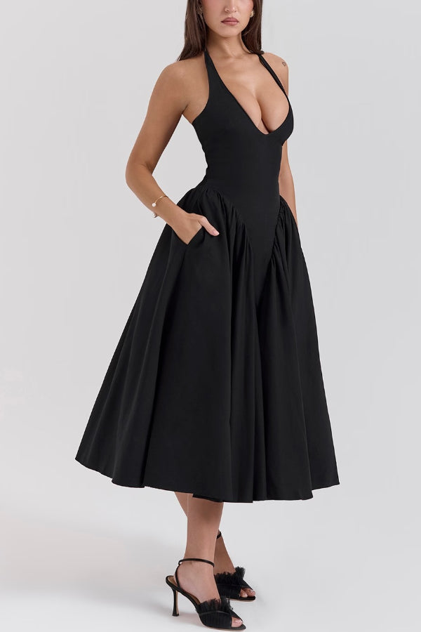Halter Deep V Neck A-line Midi Dresses