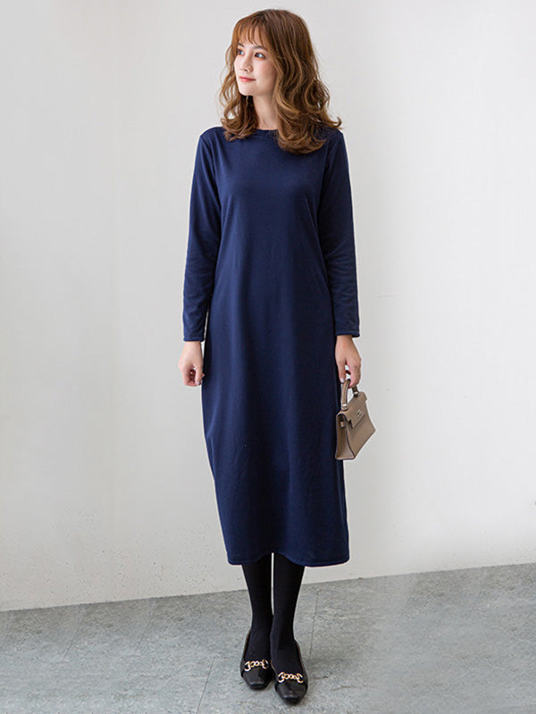 Simple Color Round-neck A-line Midi Dress