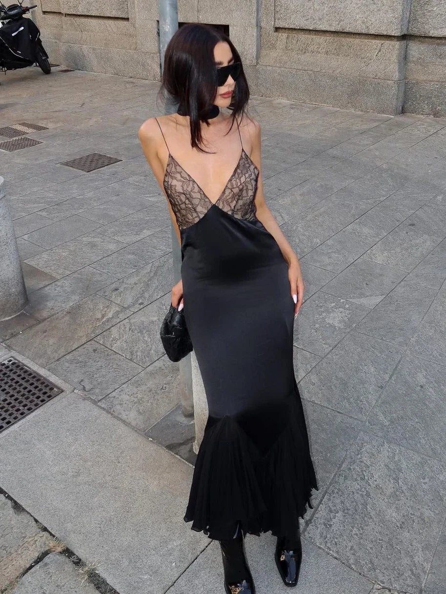 Female Mesh Lace Halter Dresses Patchwork Backless Slim V-neck Spaghetti Maxi Dress Printed Long Dress
