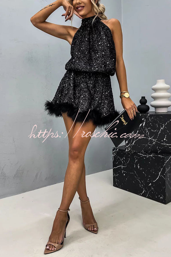 It's Time to Dance Sequin Feather Trim Halter Babydoll Mini Dress