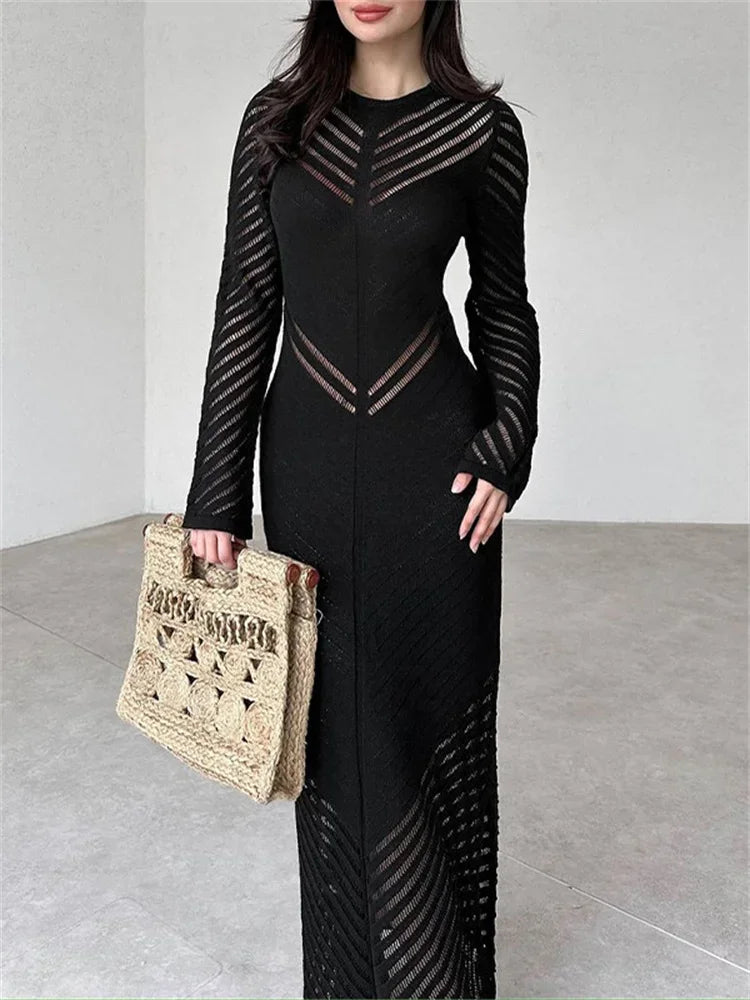Autumn Black Knit Long Dress for See-through Sleeveless Patchwork Hollow Out Dress ’s Knitwear Dress