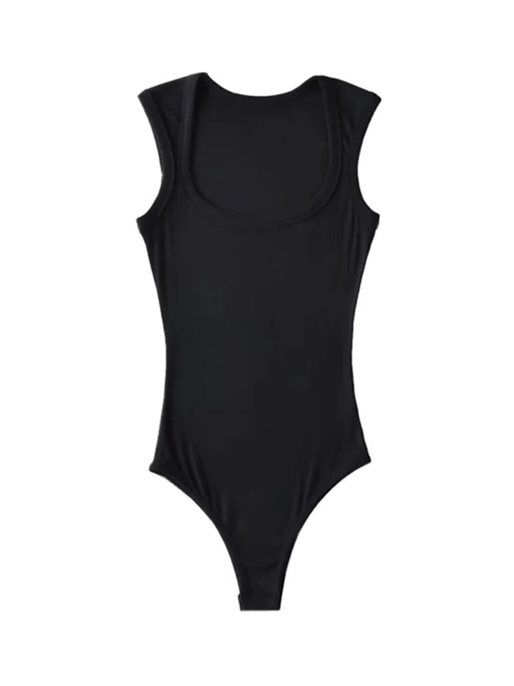 ’s Slim Square Collar Sleeveless Bodysuit Shoulder Vest Jumpsuit Backless Pullover Top