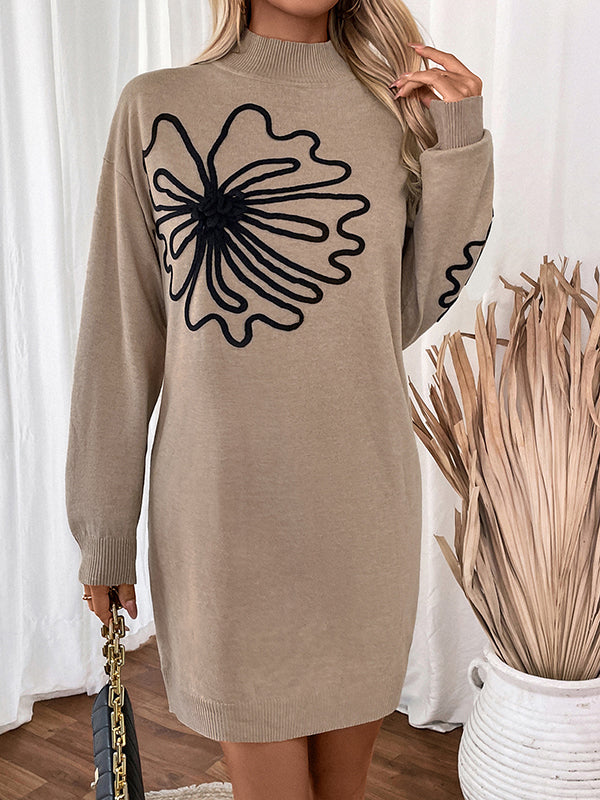 Long Sleeves Loose Knitted Flower Split-joint Mock Neck Mini Dresses Sweater Dresses