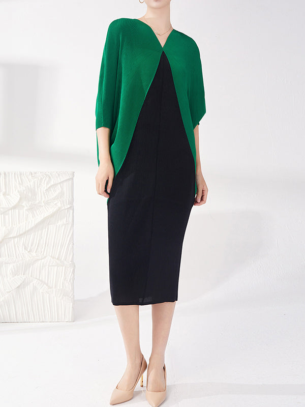 Batwing Sleeves Loose Contrast Color Pleated Round-neck Midi Dresses