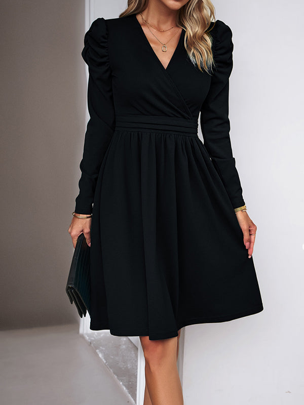Puff Sleeves Skinny Pleated Color Split-joint V-neck Midi Dresses