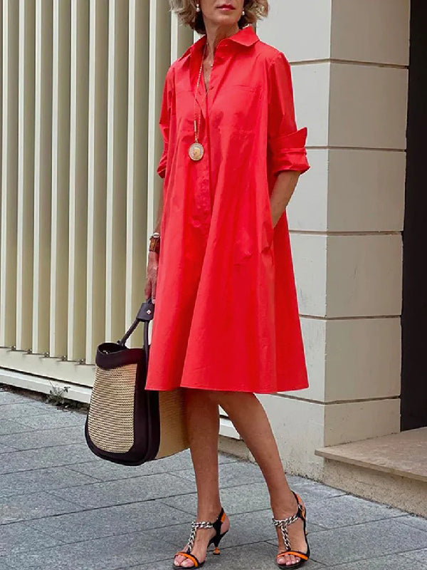 Simple Long Sleeves Color Lapel Midi Dress