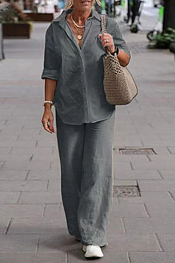 Two Piece Set Lapel Long-sleeved Shirt Color Wide-leg Pants Suit