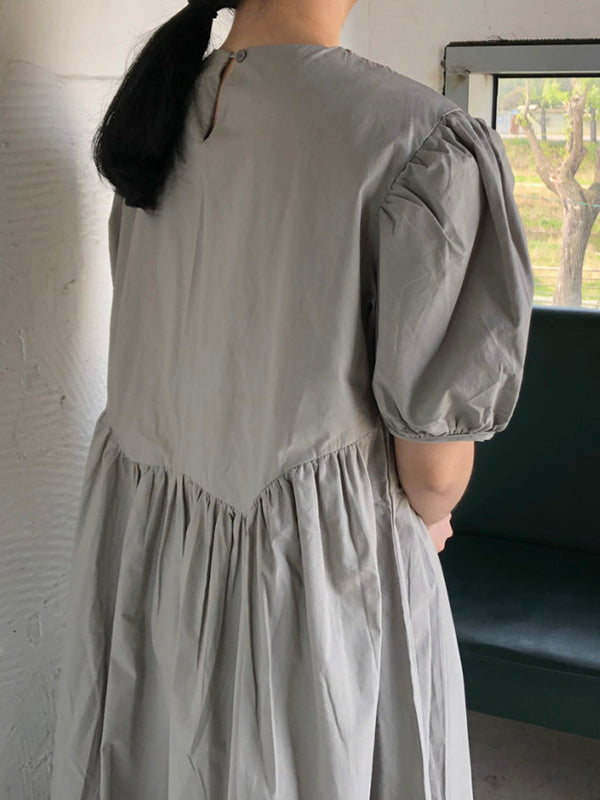 Original Loose Color Pleated Puff Sleeves Midi Dress