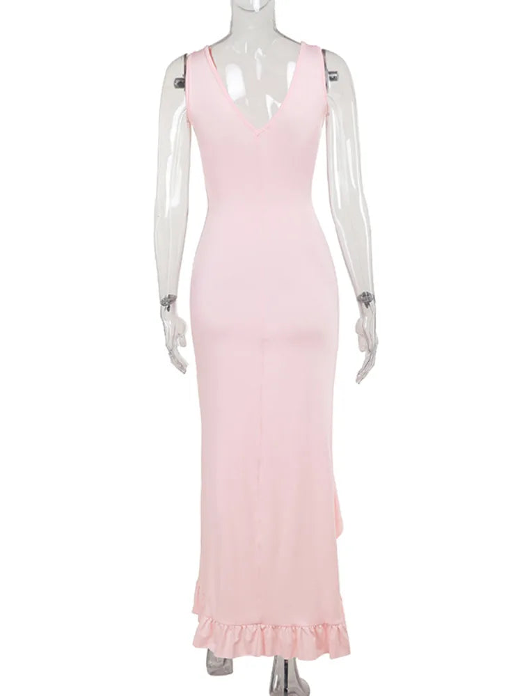 Sleeveless Ruffles Long Dress for Summer New Deep V Neck Backless Thigh High Split Maxi Dress