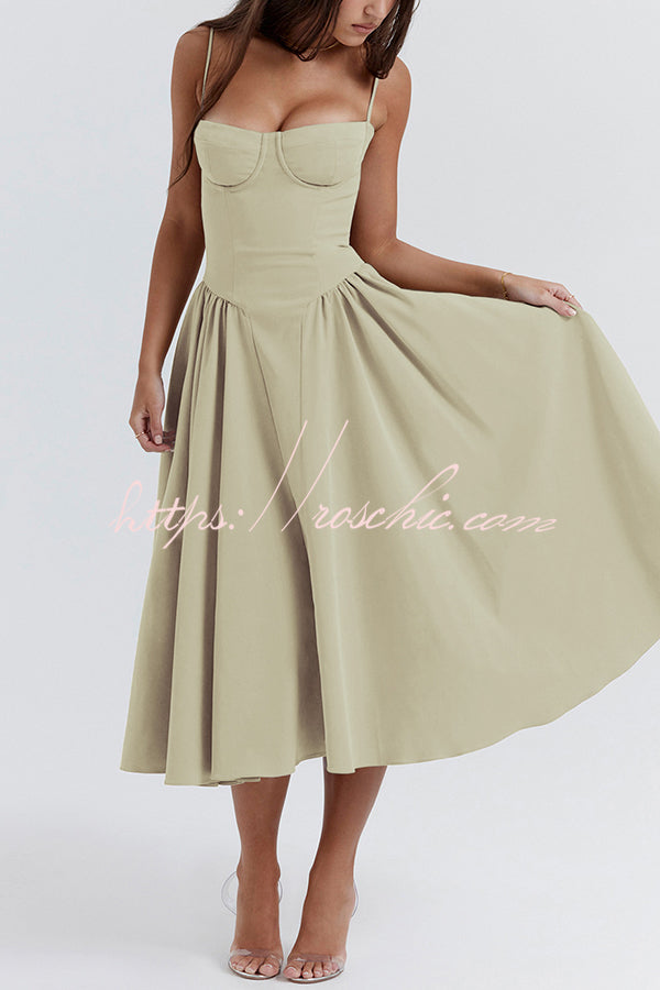 Color Slim Fit Suspender Pocket Midi Dress