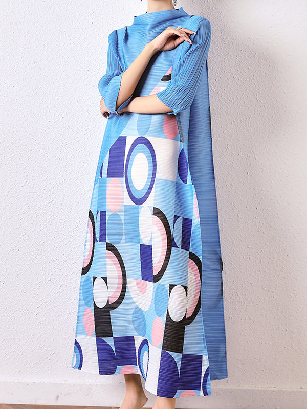 Loose Geometric Printed Pleated Midi Dress