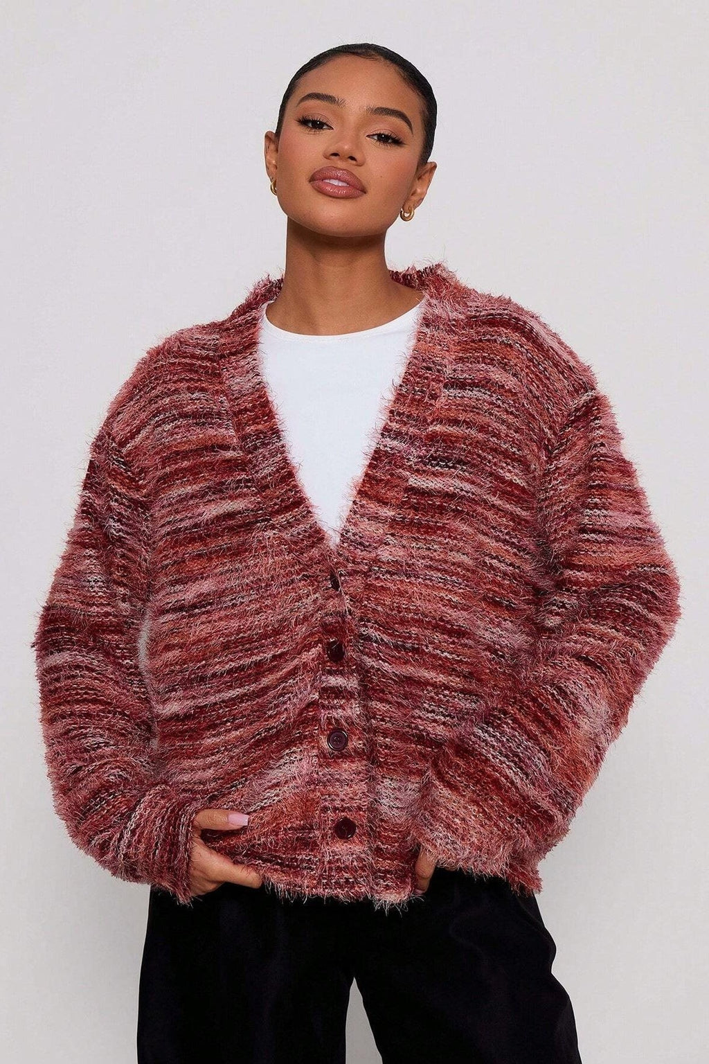 New Retro Deep V-neck Maillard Plush Long-sleeve Knit Cardigan
