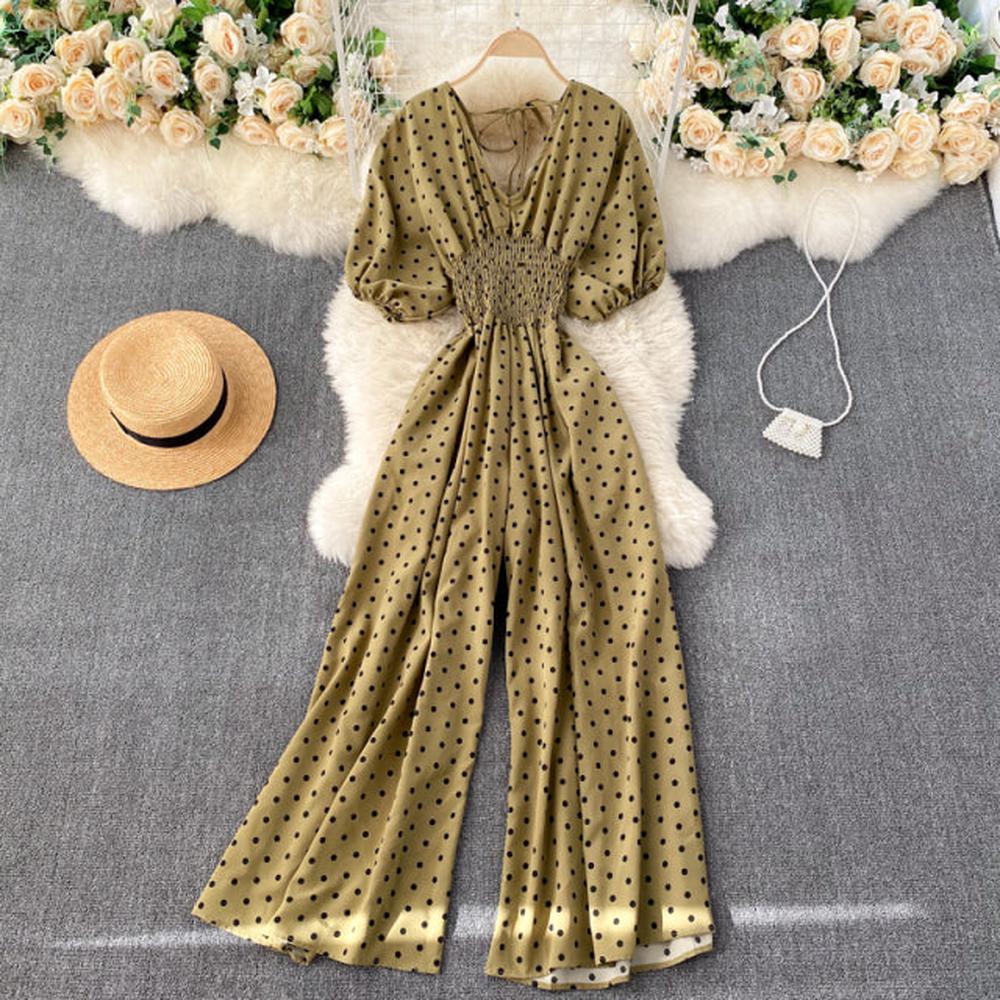 Stylish Army Green V-neck Polka Dot Puff Sleeve Wide Leg Jumpsuit