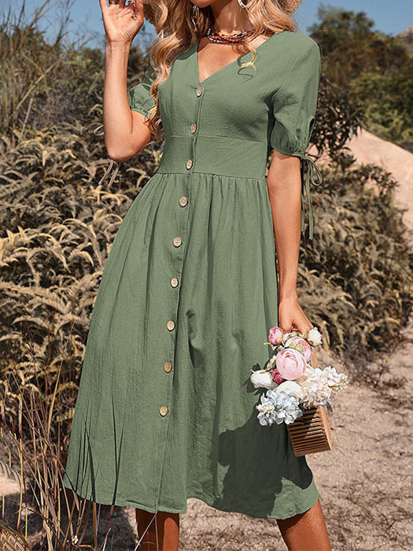 A-line High Waisted Buttoned Hollow Pleated Split-joint Tied V-neck Midi Dresses